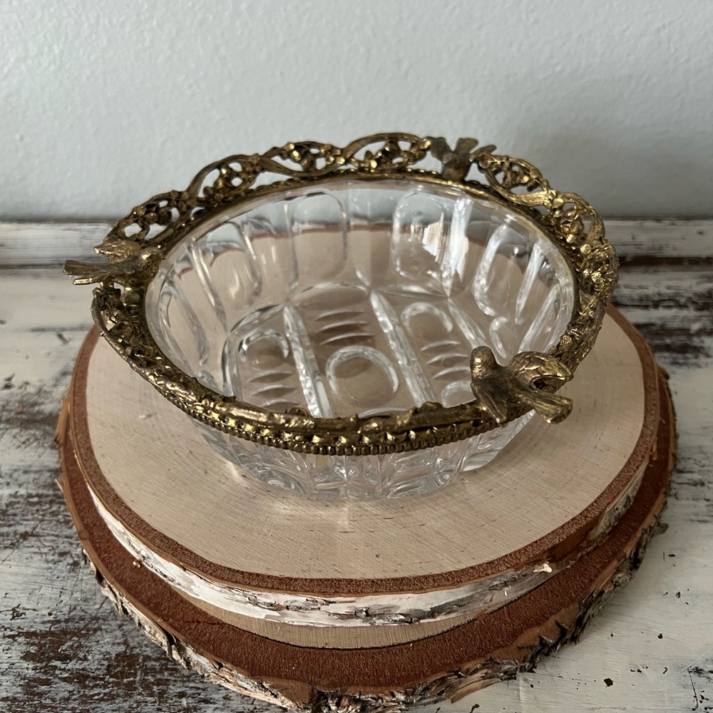 MCM Hollywood Regency Gold Gilt  Birds Vintage Bowl  Trinket Dish Cut Glass Rare - Picture 3 of 8